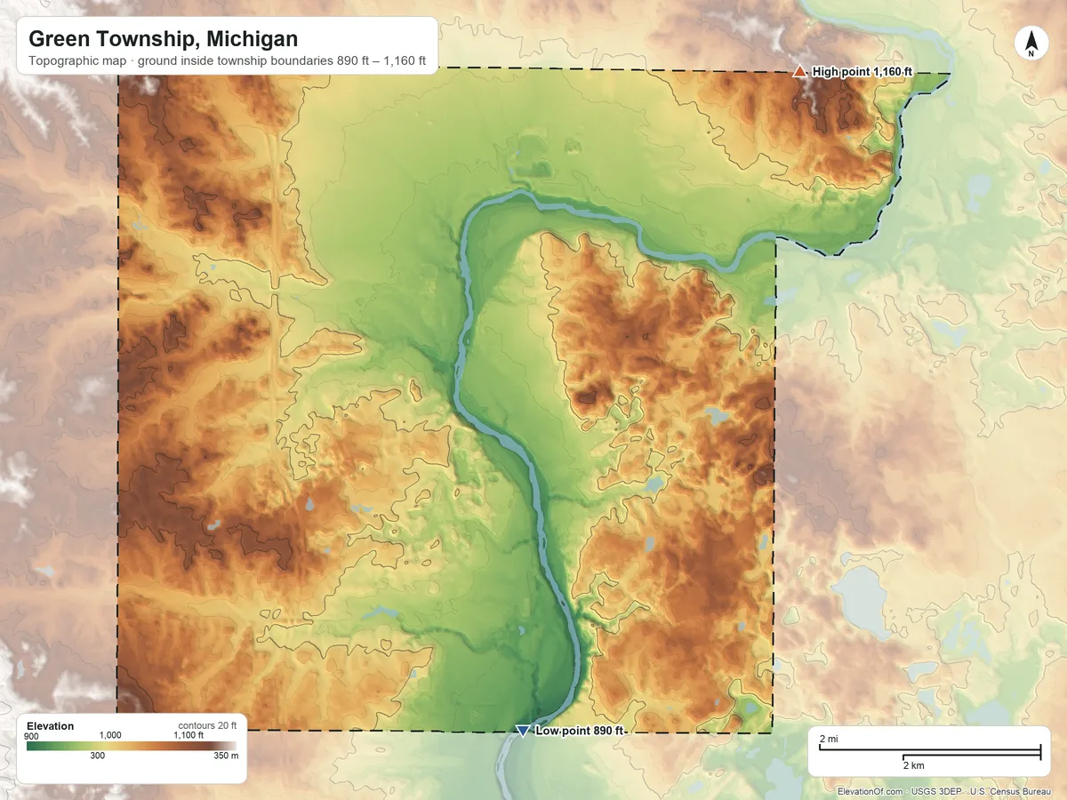 Topographic elevation map of Green Township, Michigan, shaded from 890 ft on the south side to 1,160 ft on the northeast side