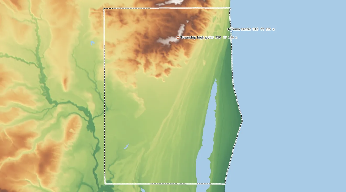 Topographic elevation map of Greenbush Township, Alcona County, Michigan, shaded from 580 ft near the middle to 750 ft on the west side