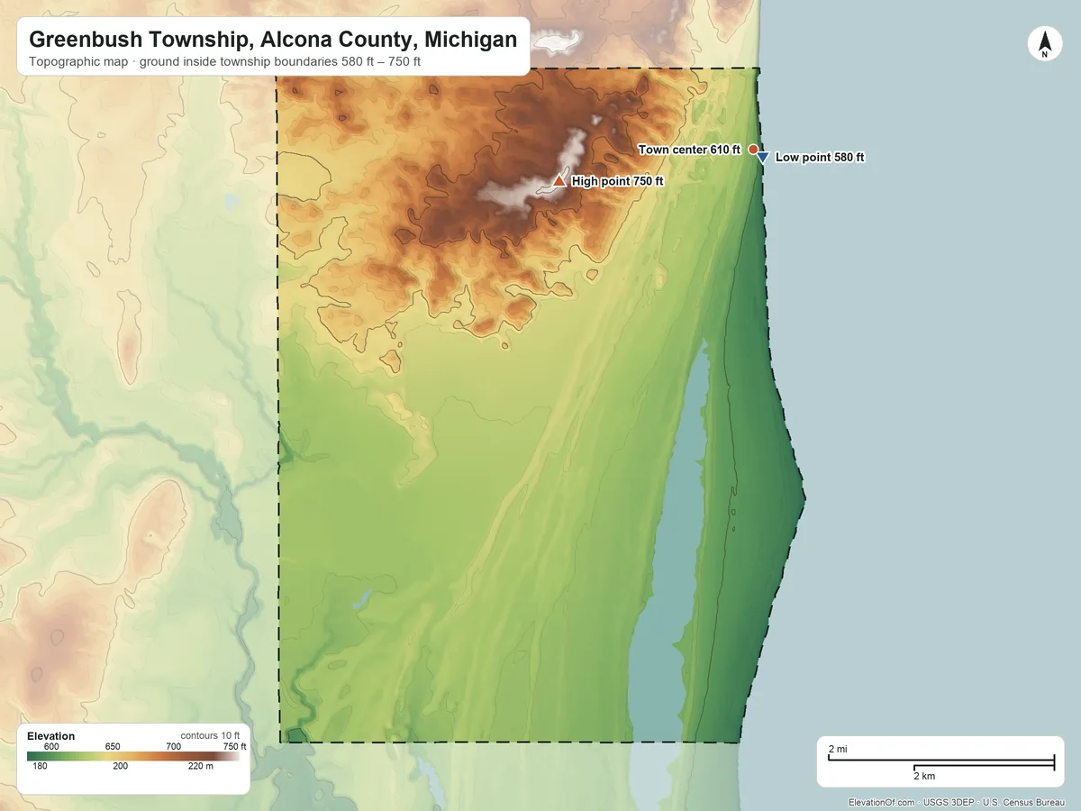 Topographic elevation map of Greenbush Township, Alcona County, Michigan, shaded from 580 ft near the middle to 750 ft on the west side