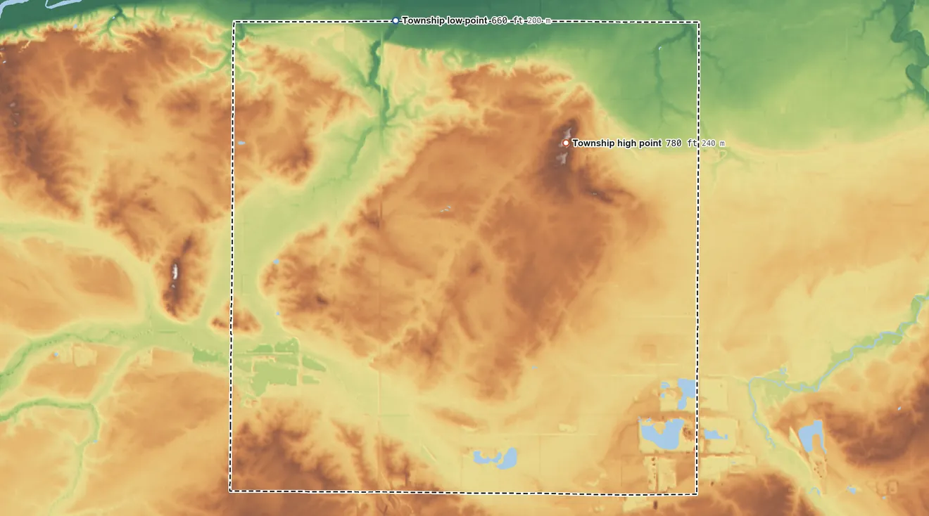 Topographic elevation map of Greenbush Township, Michigan, shaded from 660 ft on the north side to 780 ft on the northeast side