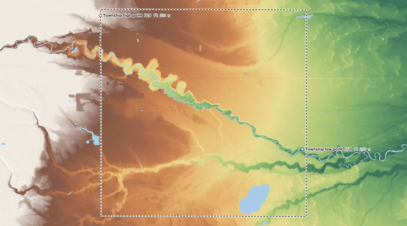 Topographic elevation map of Greendale Township, Michigan, shaded from 650 ft on the east side to 720 ft on the northwest side