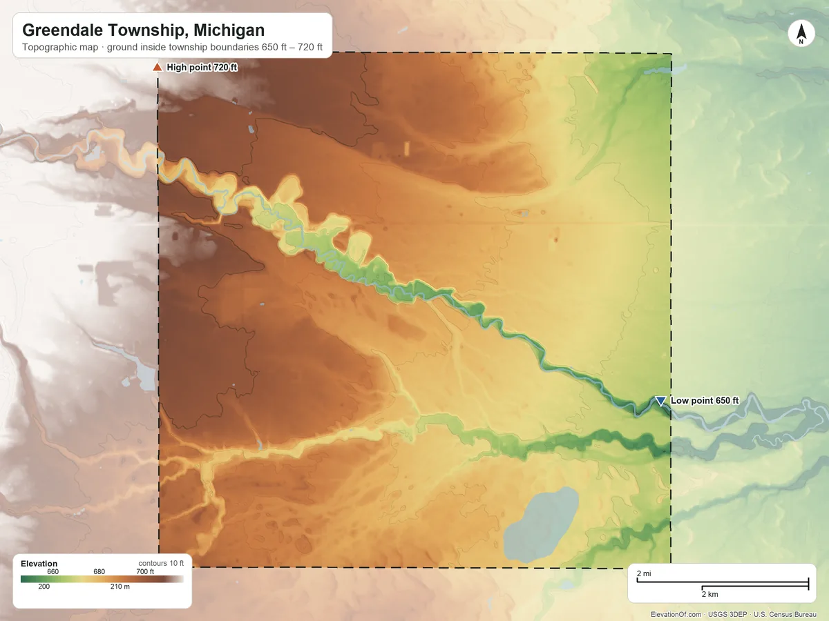 Topographic elevation map of Greendale Township, Michigan, shaded from 650 ft on the east side to 720 ft on the northwest side