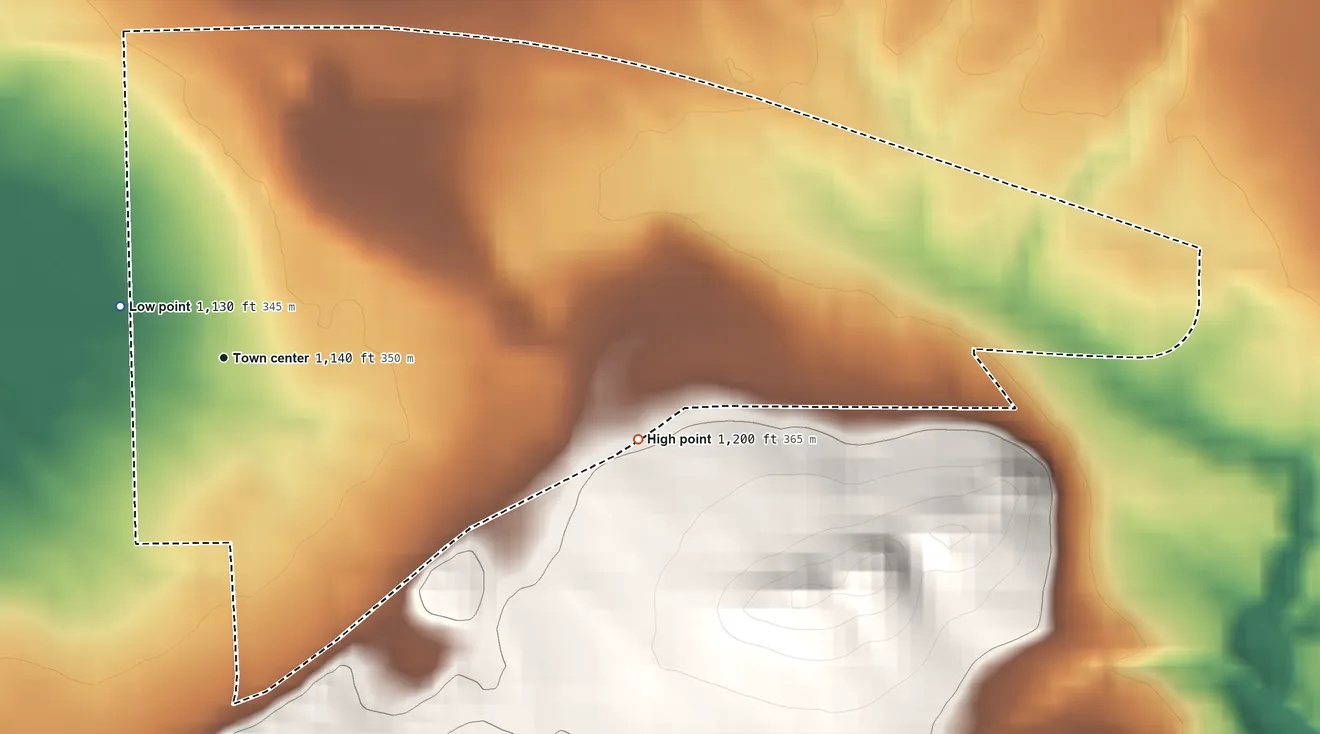 Topographic elevation map of Greenland, Michigan, shaded from 1,130 ft near the middle to 1,200 ft on the east side