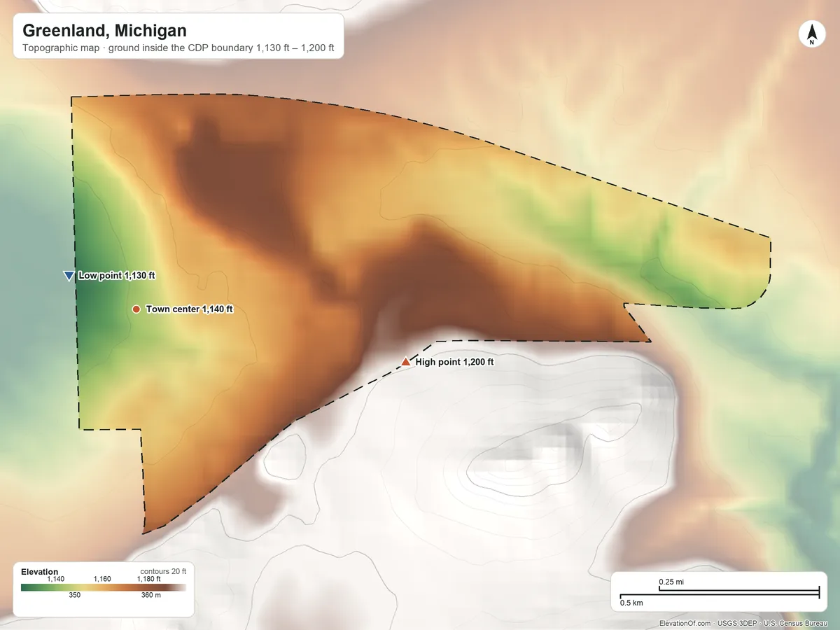 Topographic elevation map of Greenland, Michigan, shaded from 1,130 ft near the middle to 1,200 ft on the east side