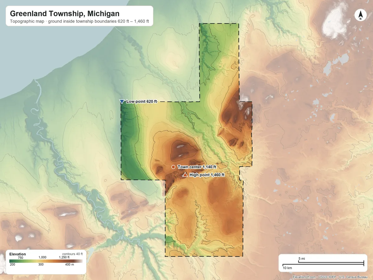 Topographic elevation map of Greenland Township, Michigan, shaded from 620 ft on the northwest side to 1,460 ft on Adventure Mountain