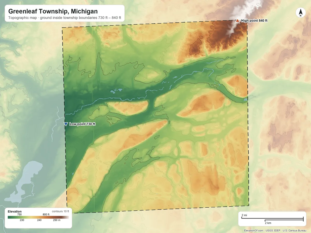 Topographic elevation map of Greenleaf Township, Michigan, shaded from 730 ft on the west side to 840 ft on the northeast side