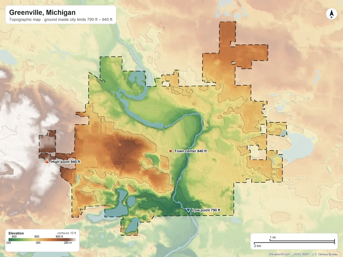 Topographic elevation map of Greenville, Michigan, shaded from 790 ft on the south side to 940 ft on the west side