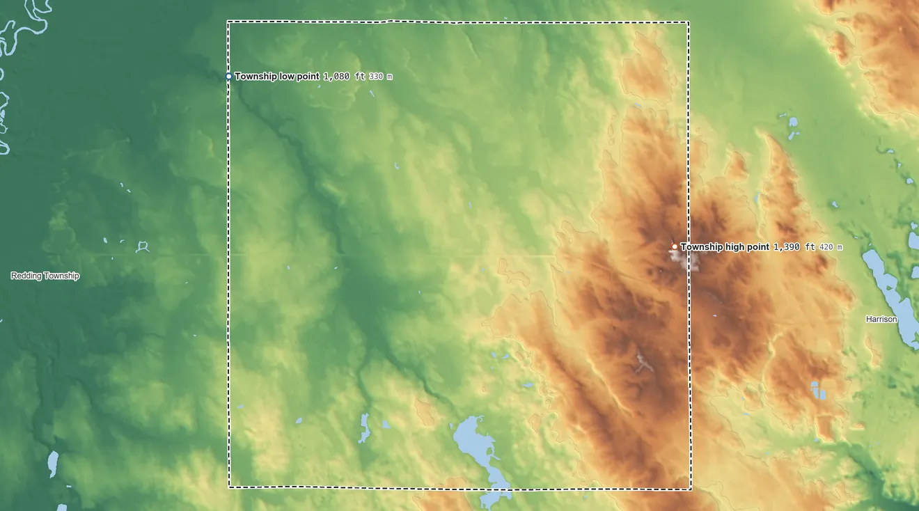 Topographic elevation map of Greenwood Township, Clare County, Michigan, shaded from 1,080 ft on the northwest side to 1,390 ft on the east side