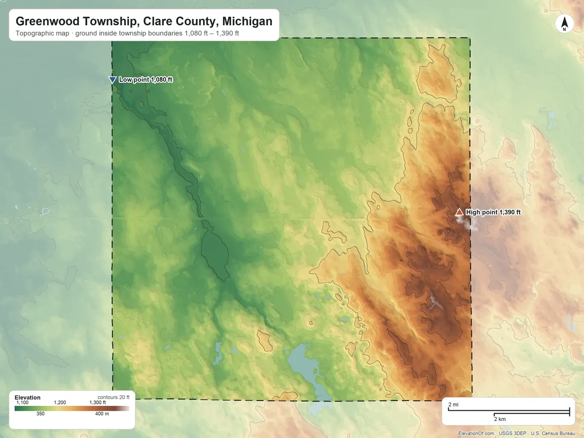 Topographic elevation map of Greenwood Township, Clare County, Michigan, shaded from 1,080 ft on the northwest side to 1,390 ft on the east side