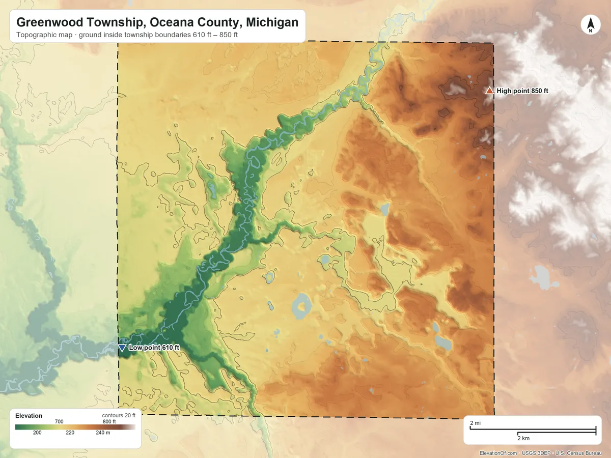Topographic elevation map of Greenwood Township, Oceana County, Michigan, shaded from 610 ft on the west side to 850 ft on the northeast side