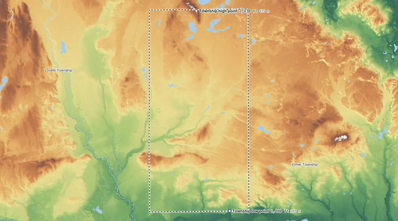 Topographic elevation map of Greenwood Township, Oscoda County, Michigan, shaded from 1,000 ft on the south side to 1,430 ft on the northwest edge, below higher ground just outside