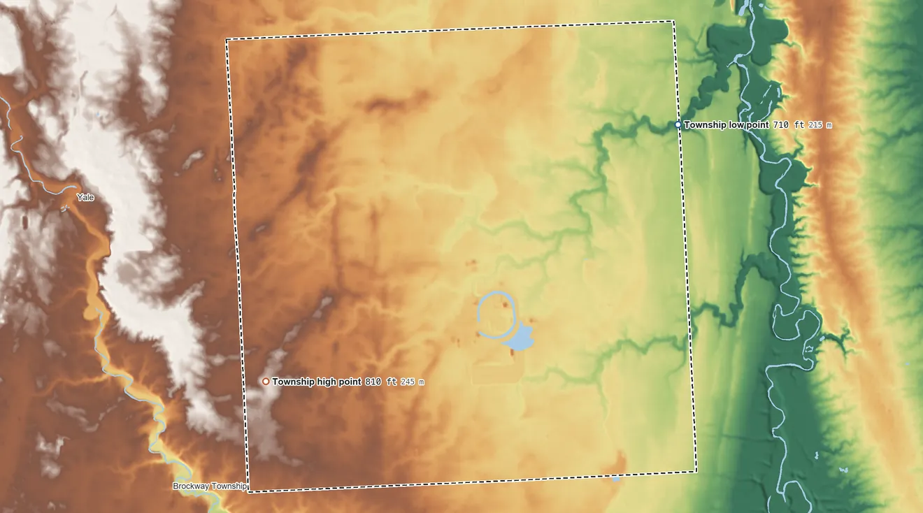 Topographic elevation map of Greenwood Township, Michigan, shaded from 710 ft on the northeast side to 810 ft on the southwest side