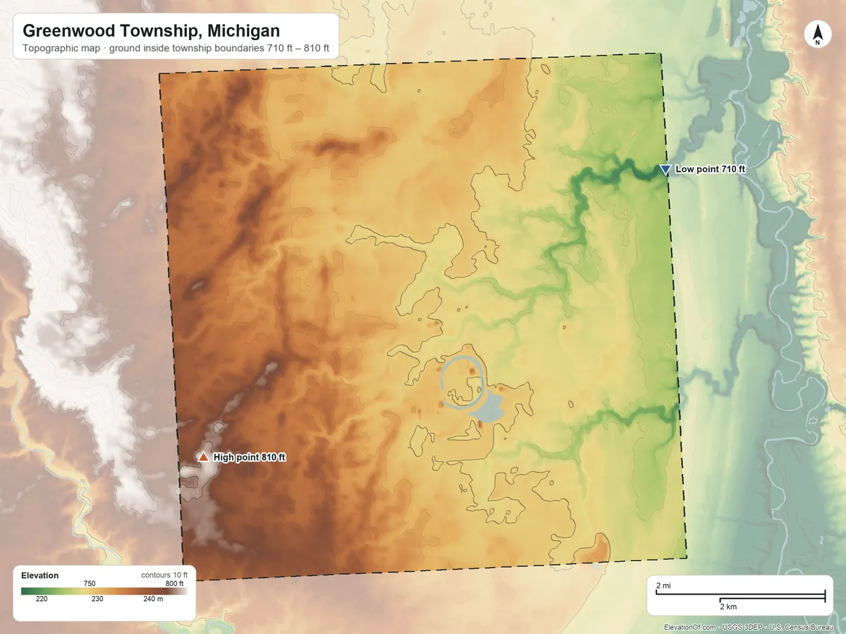 Topographic elevation map of Greenwood Township, Michigan, shaded from 710 ft on the northeast side to 810 ft on the southwest side