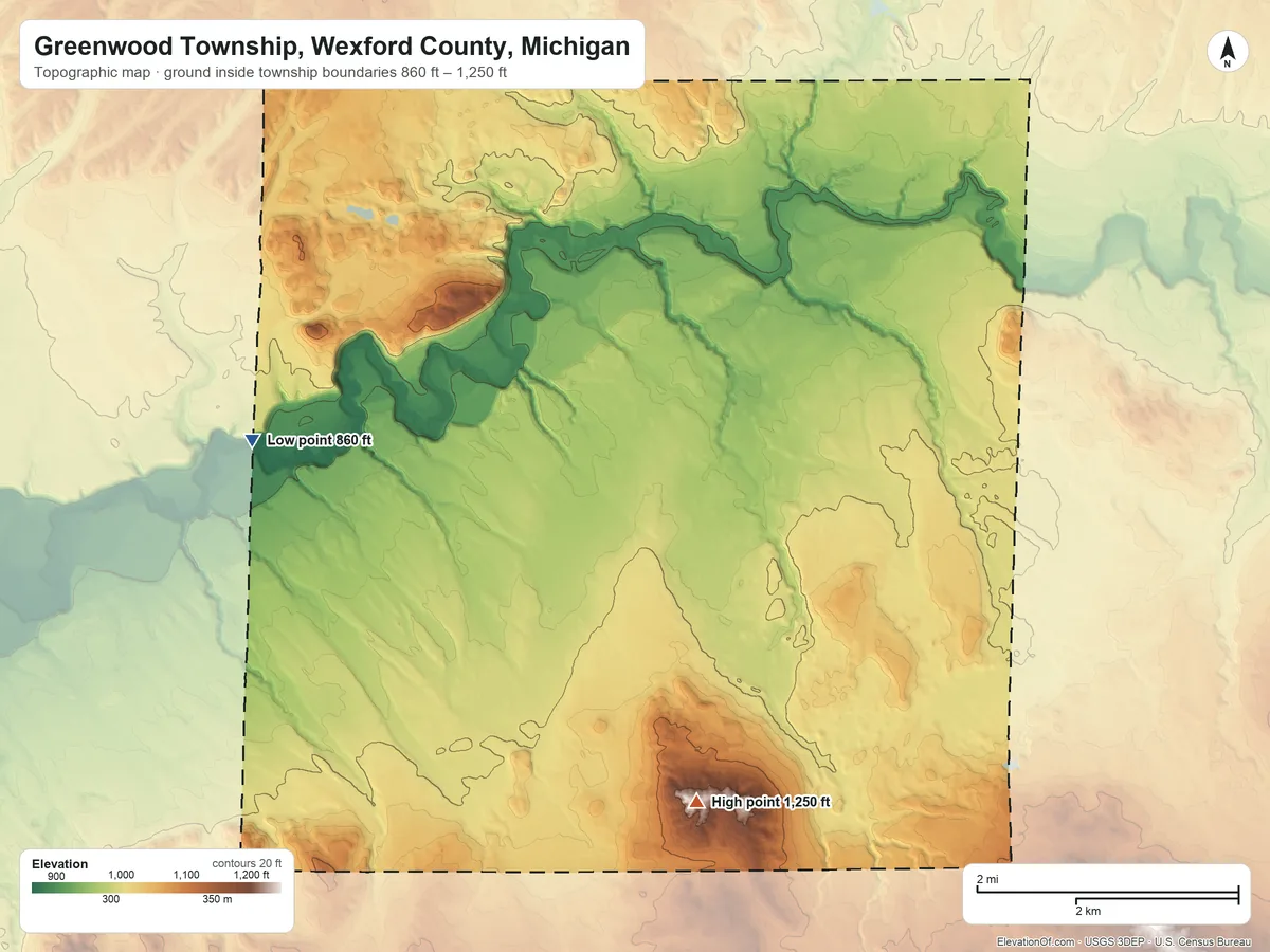 Topographic elevation map of Greenwood Township, Wexford County, Michigan, shaded from 860 ft on the west side to 1,250 ft on the south side