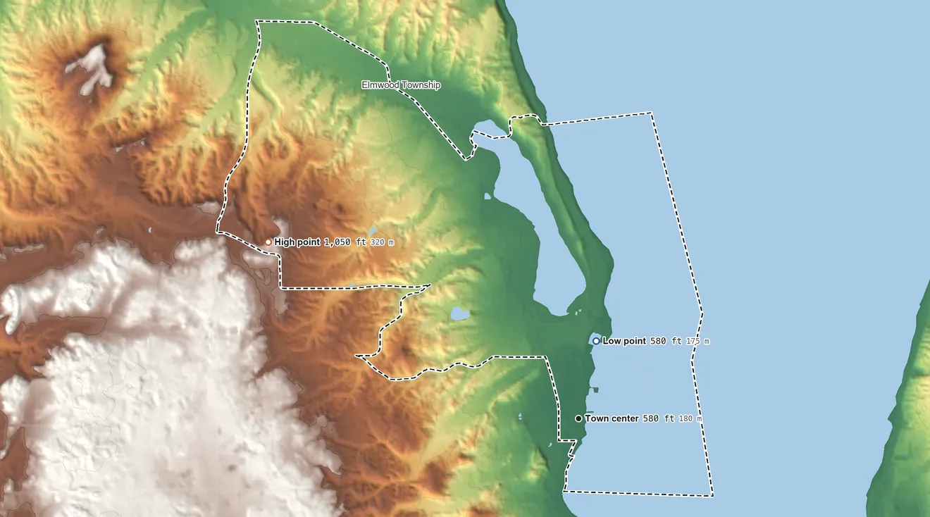 Topographic elevation map of Greilickville, Michigan, shaded from 580 ft on the north side to 1,050 ft on the northwest side