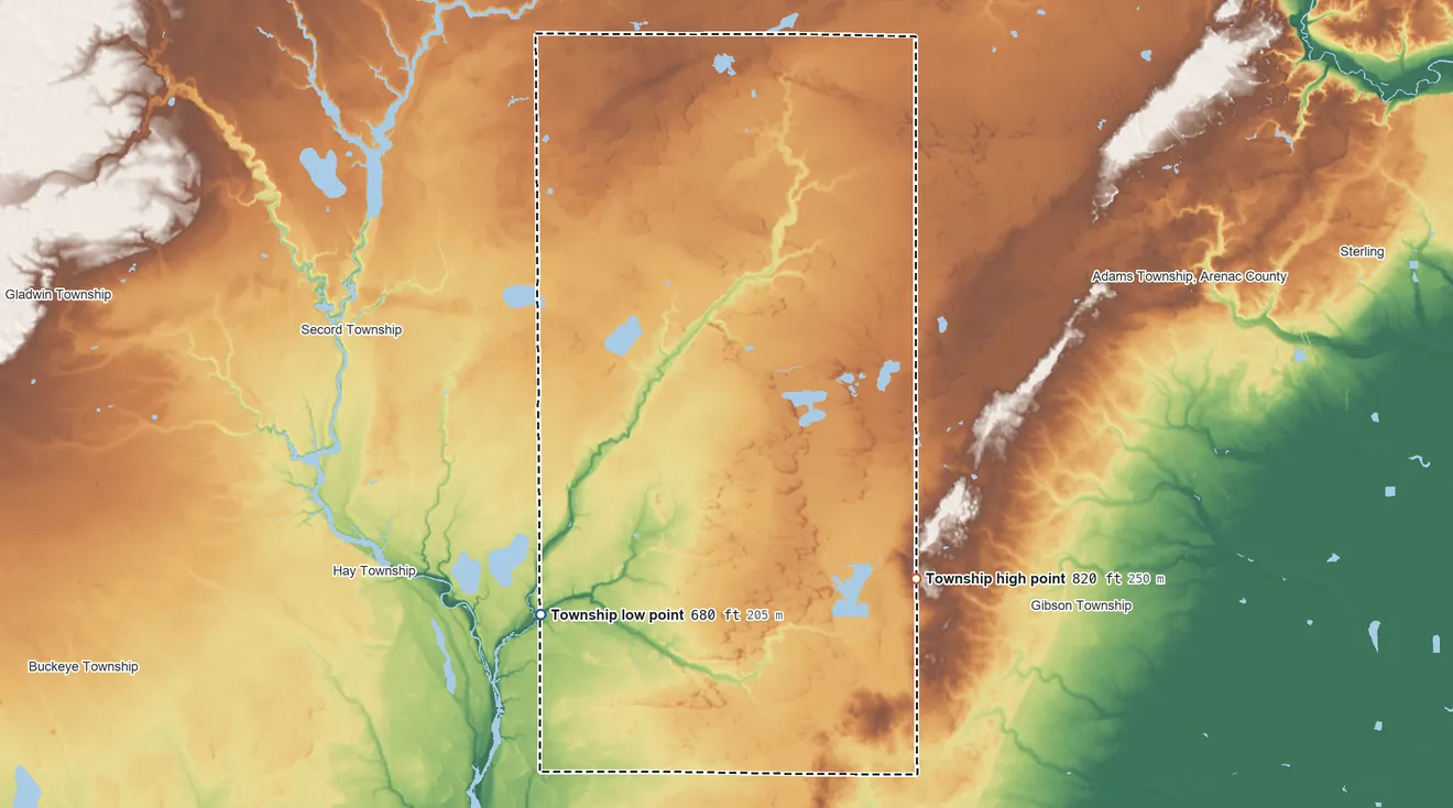 Topographic elevation map of Grim Township, Michigan, shaded from 680 ft on the west side to 820 ft near the middle