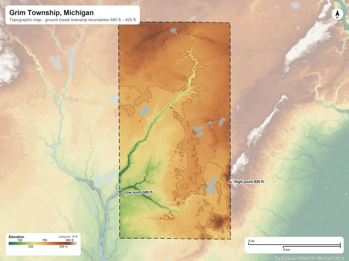 Topographic elevation map of Grim Township, Michigan, shaded from 680 ft on the west side to 820 ft near the middle
