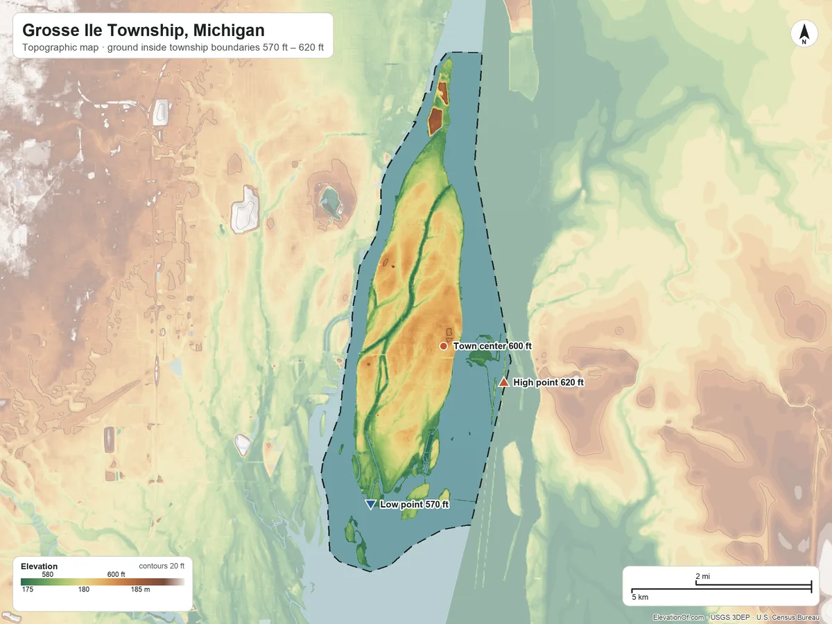 Topographic elevation map of Grosse Ile Township, Michigan, shaded from 570 ft on the southwest side to 620 ft on the southeast side