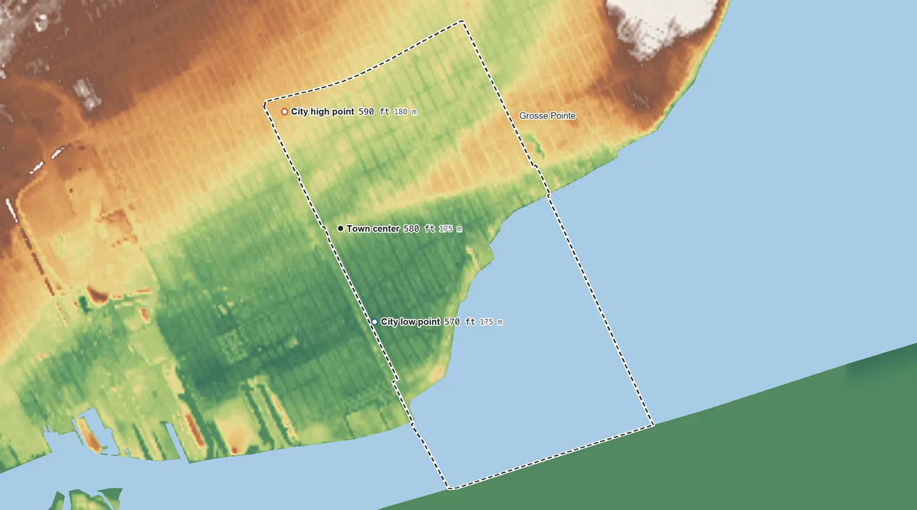 Topographic elevation map of Grosse Pointe Park, Michigan, shaded from 570 ft on the south side to 590 ft on the northwest side