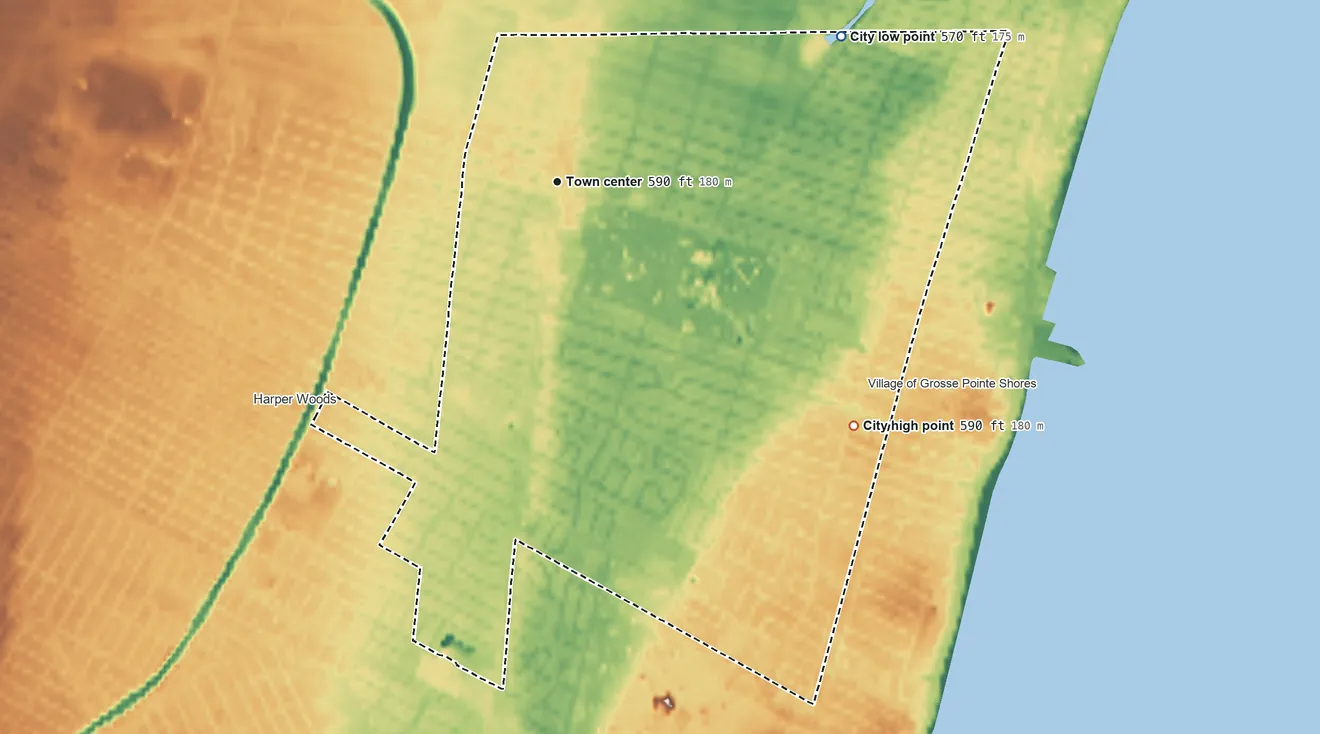 Topographic elevation map of Grosse Pointe Woods, Michigan, shaded from 570 ft on the northeast side to 590 ft on the southeast side