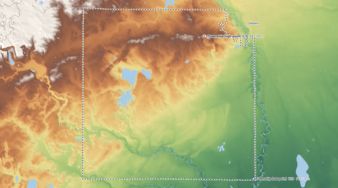 Topographic elevation map of Grout Township, Michigan, shaded from 720 ft on the southeast side to 920 ft on the north side