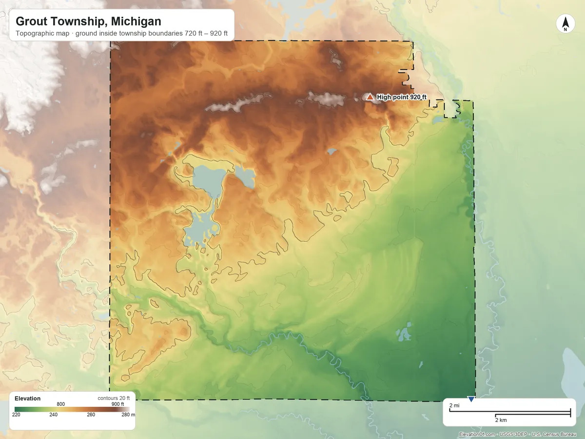 Topographic elevation map of Grout Township, Michigan, shaded from 720 ft on the southeast side to 920 ft on the north side