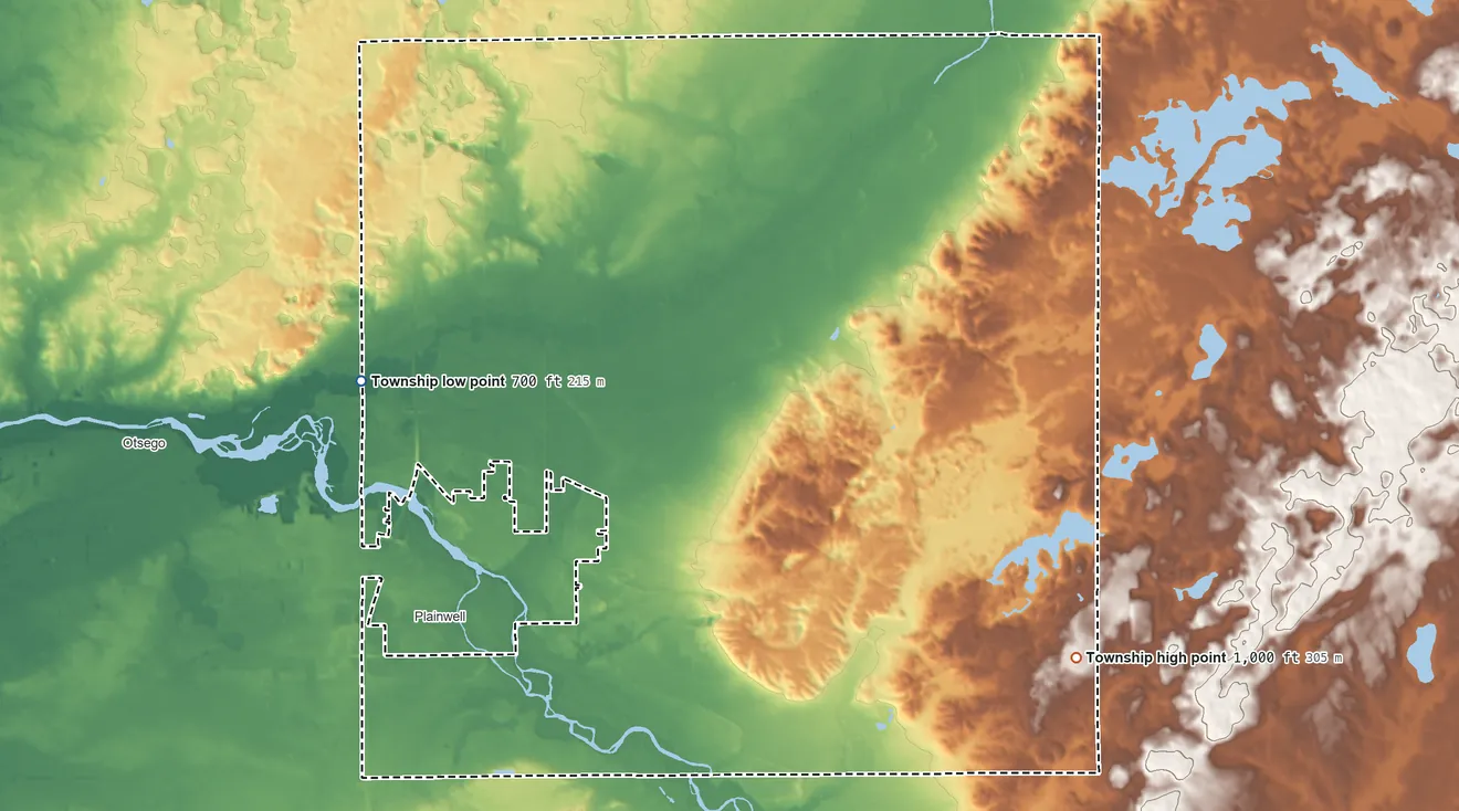 Topographic elevation map of Gun Plain Township, Michigan, shaded from 700 ft on the west side to 1,000 ft on the southeast side