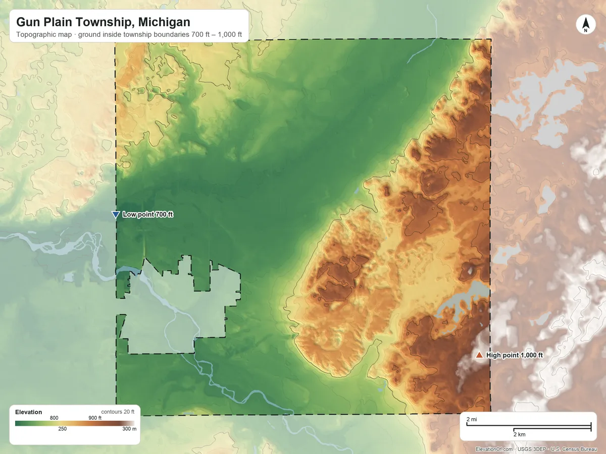 Topographic elevation map of Gun Plain Township, Michigan, shaded from 700 ft on the west side to 1,000 ft on the southeast side