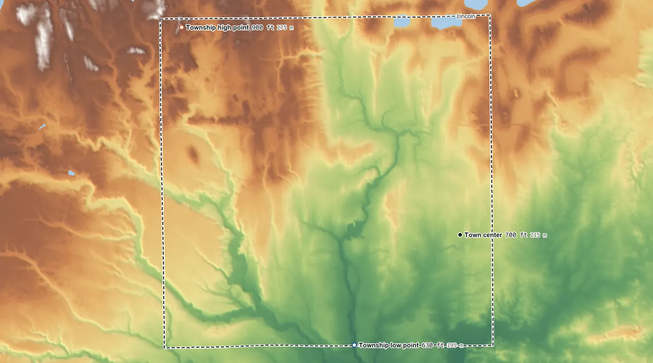 Topographic elevation map of Gustin Township, Michigan, shaded from 630 ft on the southwest side to 900 ft on the northwest side