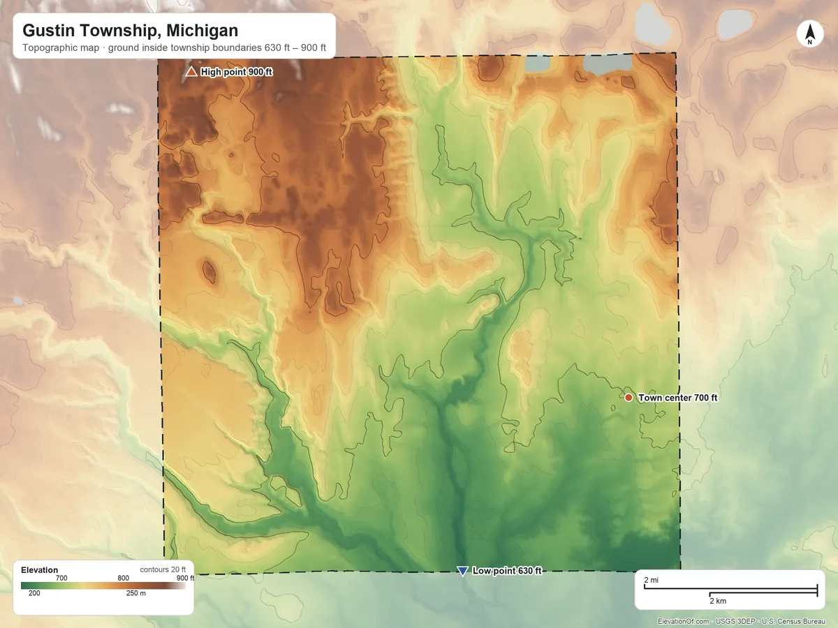 Topographic elevation map of Gustin Township, Michigan, shaded from 630 ft on the southwest side to 900 ft on the northwest side