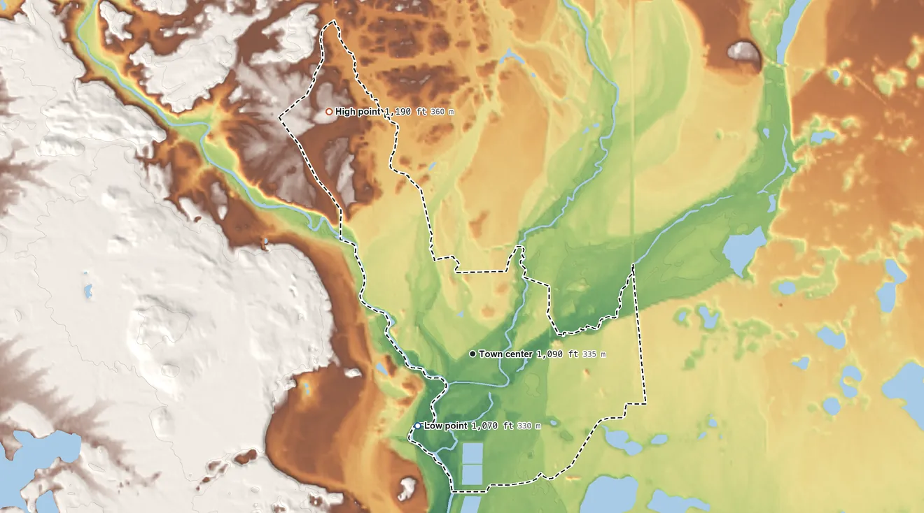 Topographic elevation map of Gwinn, Michigan, shaded from 1,070 ft on the southwest side to 1,190 ft on the northwest side