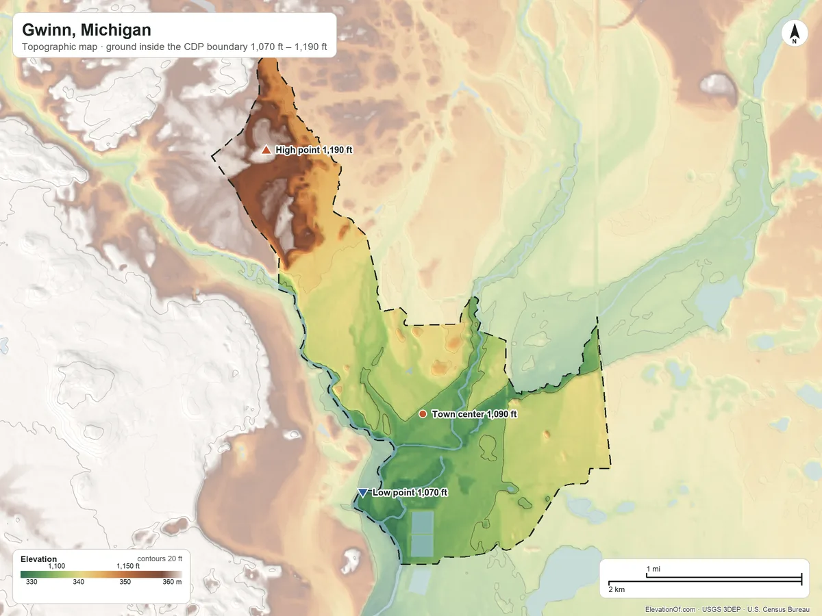 Topographic elevation map of Gwinn, Michigan, shaded from 1,070 ft on the southwest side to 1,190 ft on the northwest side