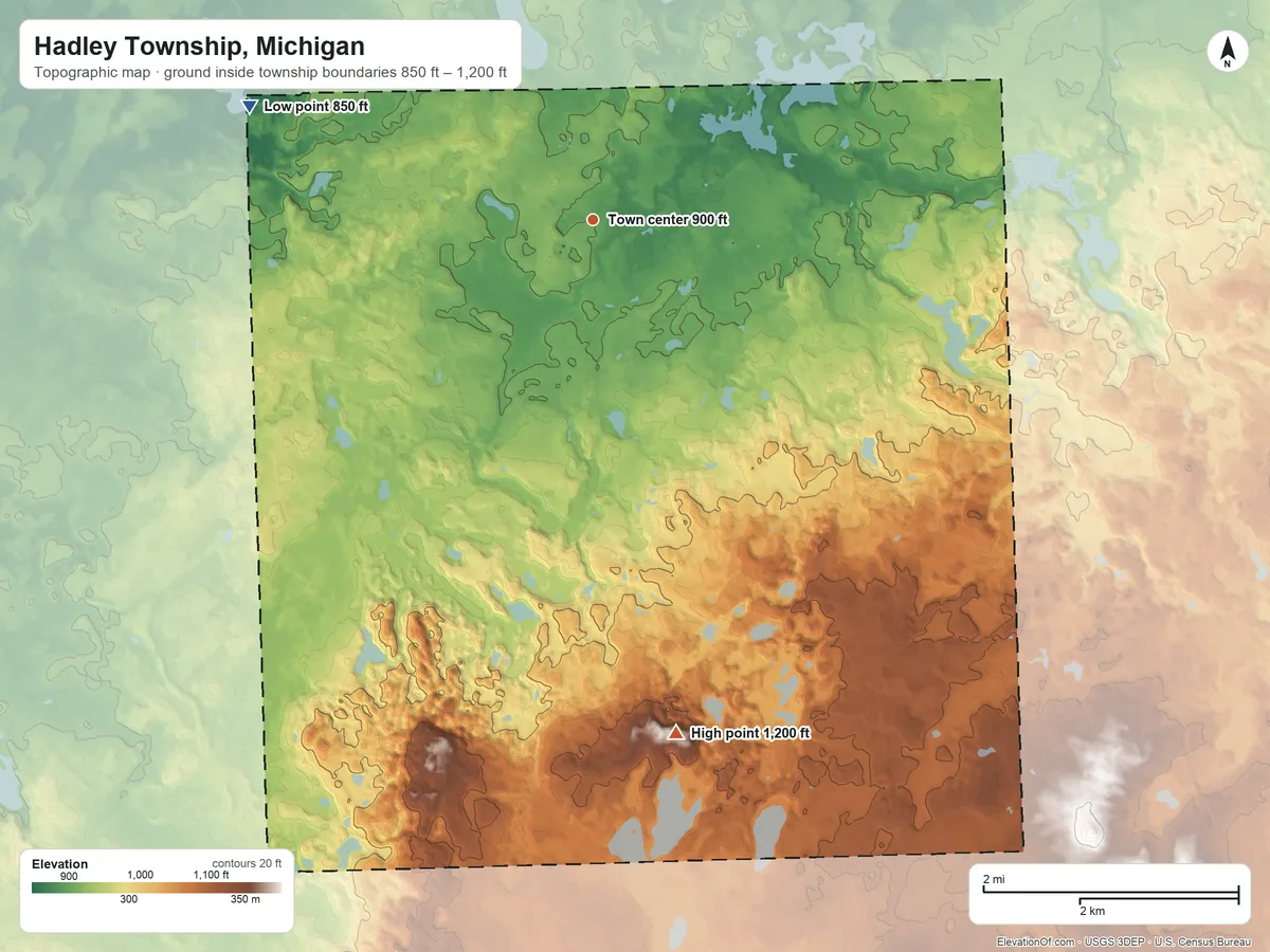 Topographic elevation map of Hadley Township, Michigan, shaded from 850 ft on the west side to 1,200 ft on the south side
