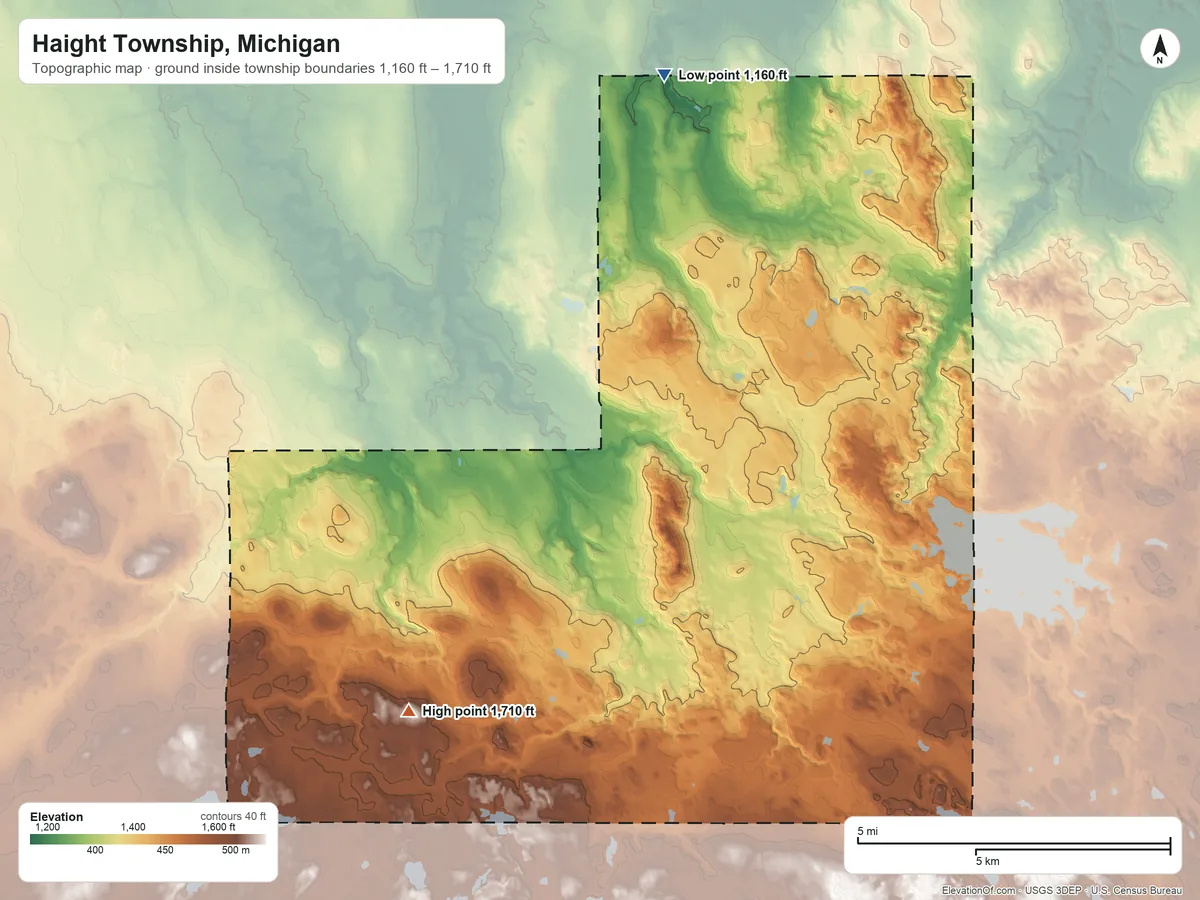 Topographic elevation map of Haight Township, Michigan, shaded from 1,160 ft on the north side to 1,710 ft on the southwest side