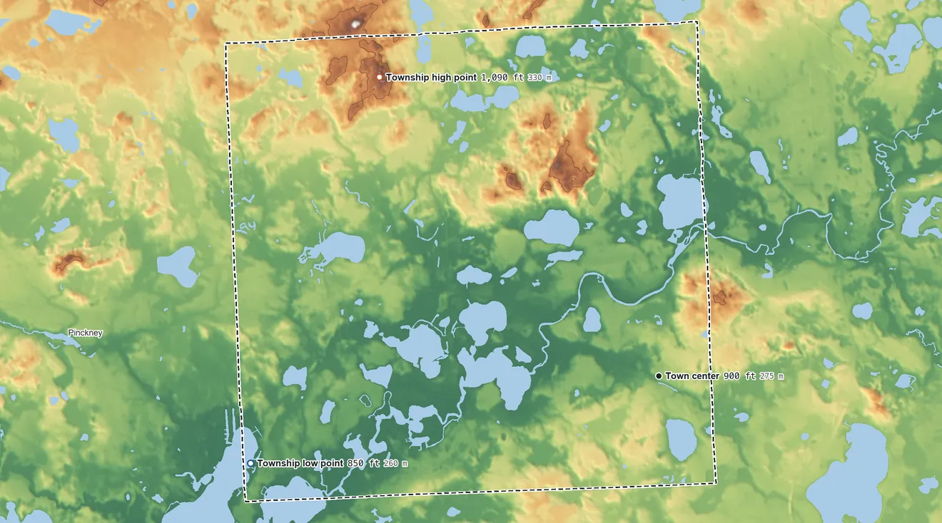 Topographic elevation map of Hamburg Township, Michigan, shaded from 850 ft on the west side to 1,090 ft on the northwest side