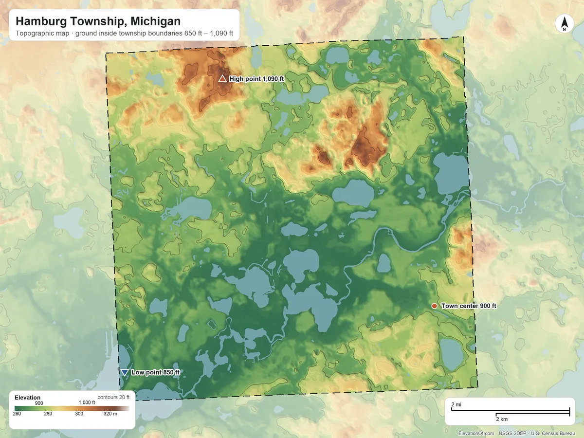 Topographic elevation map of Hamburg Township, Michigan, shaded from 850 ft on the west side to 1,090 ft on the northwest side