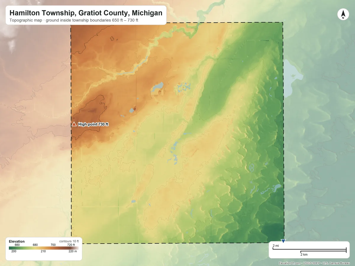 Topographic elevation map of Hamilton Township, Gratiot County, Michigan, shaded from 650 ft on the southeast side to 730 ft on the west side