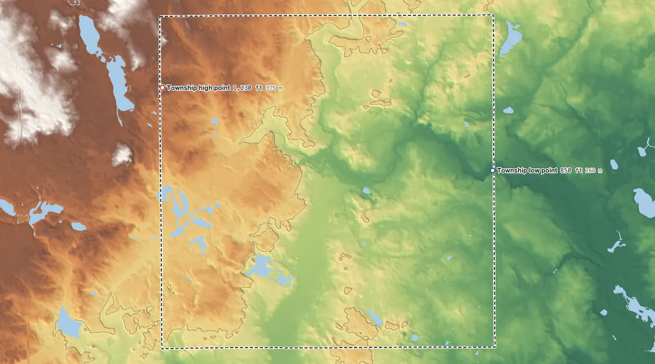 Topographic elevation map of Hamilton Township, Michigan, shaded from 850 ft on the east side to 1,230 ft on the northwest side
