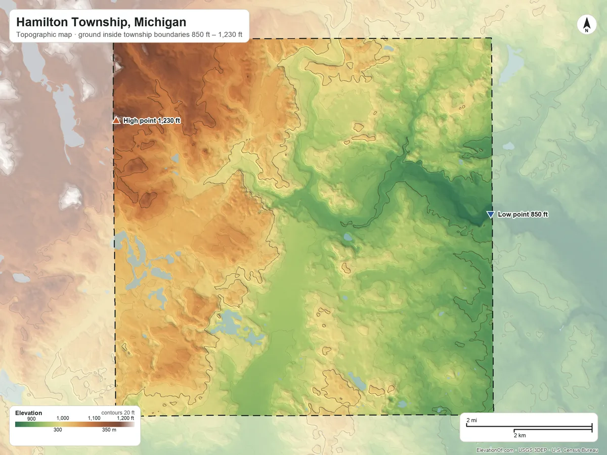 Topographic elevation map of Hamilton Township, Michigan, shaded from 850 ft on the east side to 1,230 ft on the northwest side