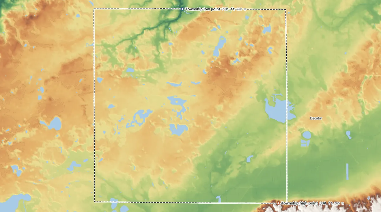 Topographic elevation map of Hamilton Township, Van Buren County, Michigan, shaded from 710 ft on the north side to 880 ft on the southeast side