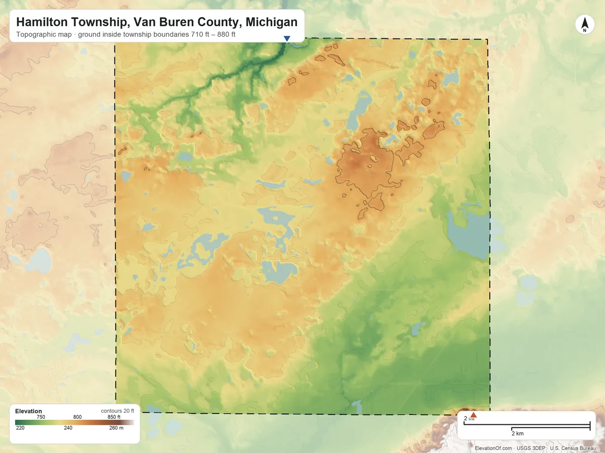 Topographic elevation map of Hamilton Township, Van Buren County, Michigan, shaded from 710 ft on the north side to 880 ft on the southeast side