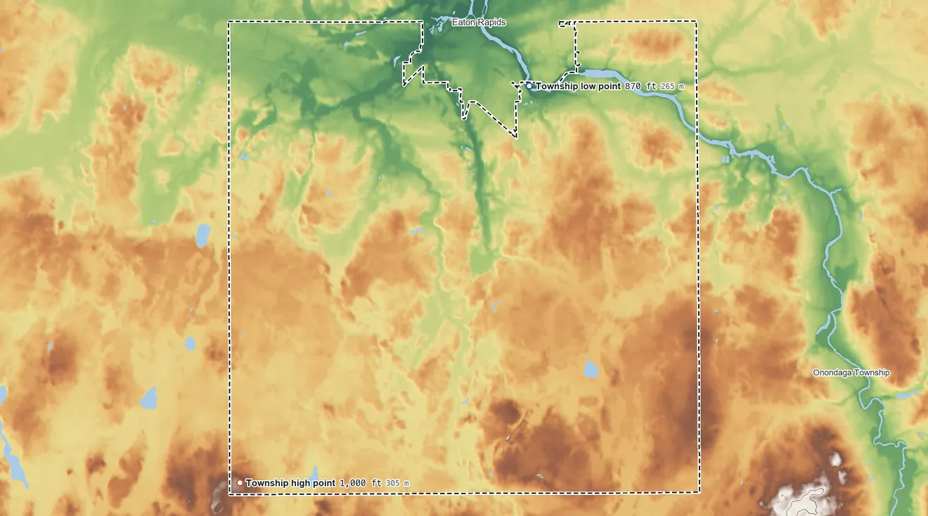 Topographic elevation map of Hamlin Township, Eaton County, Michigan, shaded from 870 ft on the northeast side to 1,000 ft on the southwest side