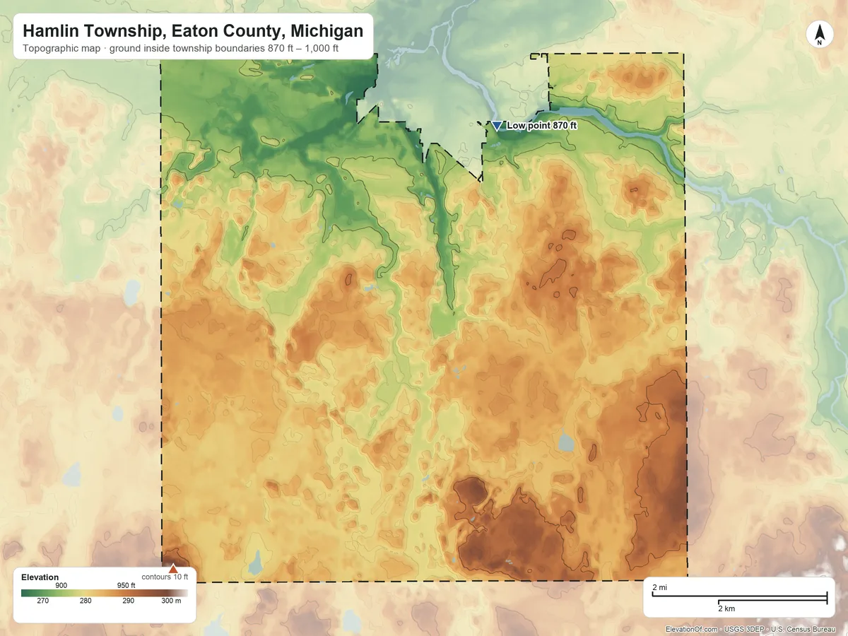 Topographic elevation map of Hamlin Township, Eaton County, Michigan, shaded from 870 ft on the northeast side to 1,000 ft on the southwest side