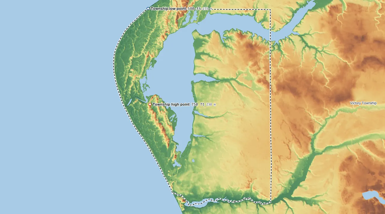 Topographic elevation map of Hamlin Township, Michigan, shaded from 580 ft on the northwest side to 750 ft on the northwest side