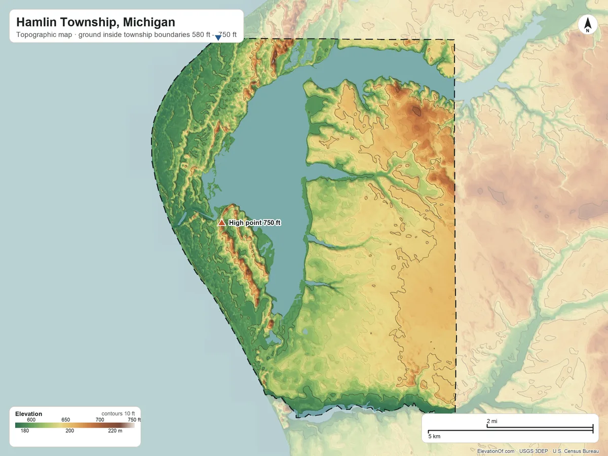 Topographic elevation map of Hamlin Township, Michigan, shaded from 580 ft on the northwest side to 750 ft on the northwest side