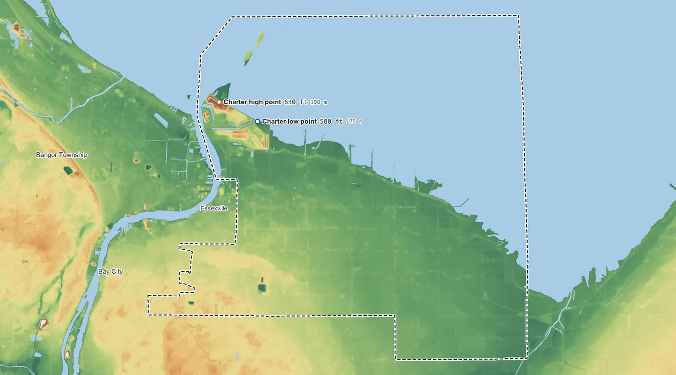 Topographic elevation map of Hampton Township, Michigan, shaded from 580 ft on the shore of Lake Huron to 630 ft on the north side