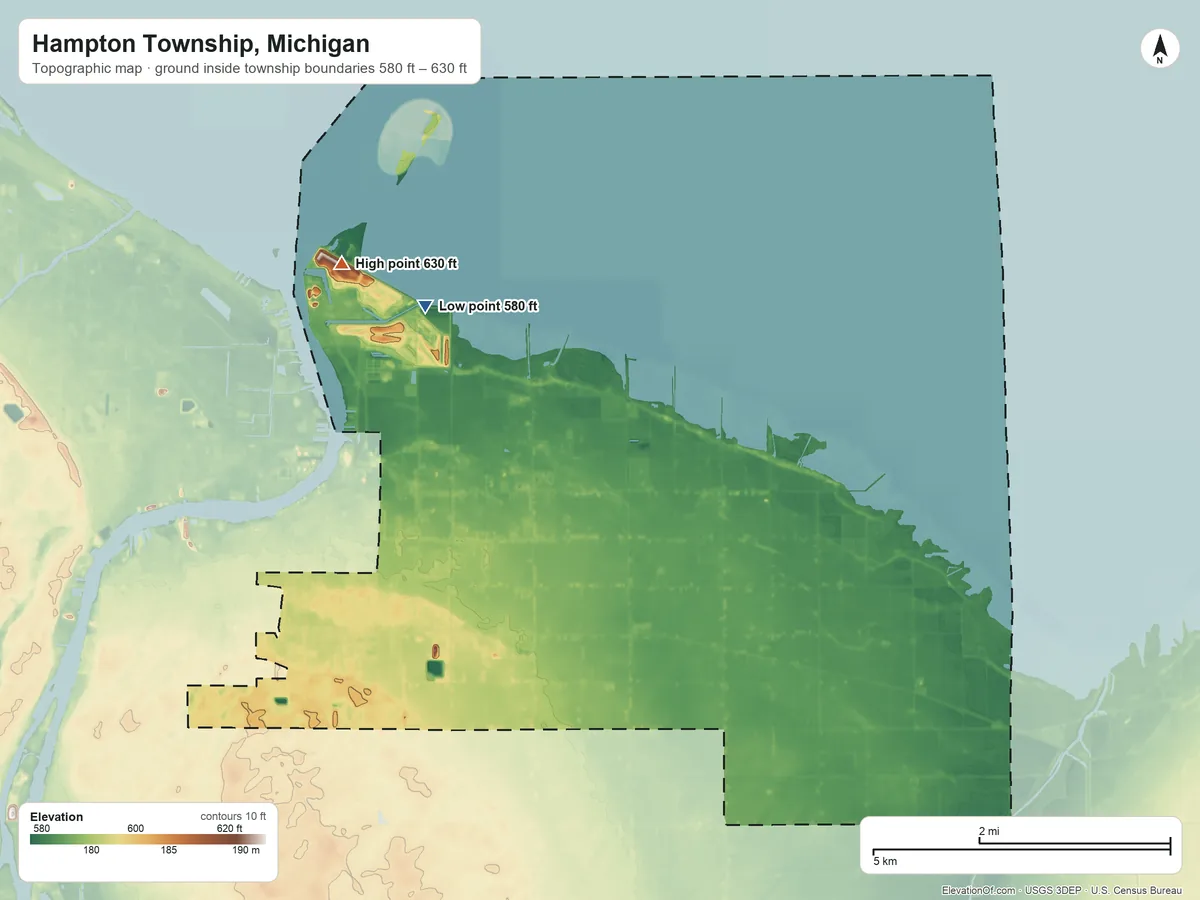 Topographic elevation map of Hampton Township, Michigan, shaded from 580 ft on the shore of Lake Huron to 630 ft on the north side