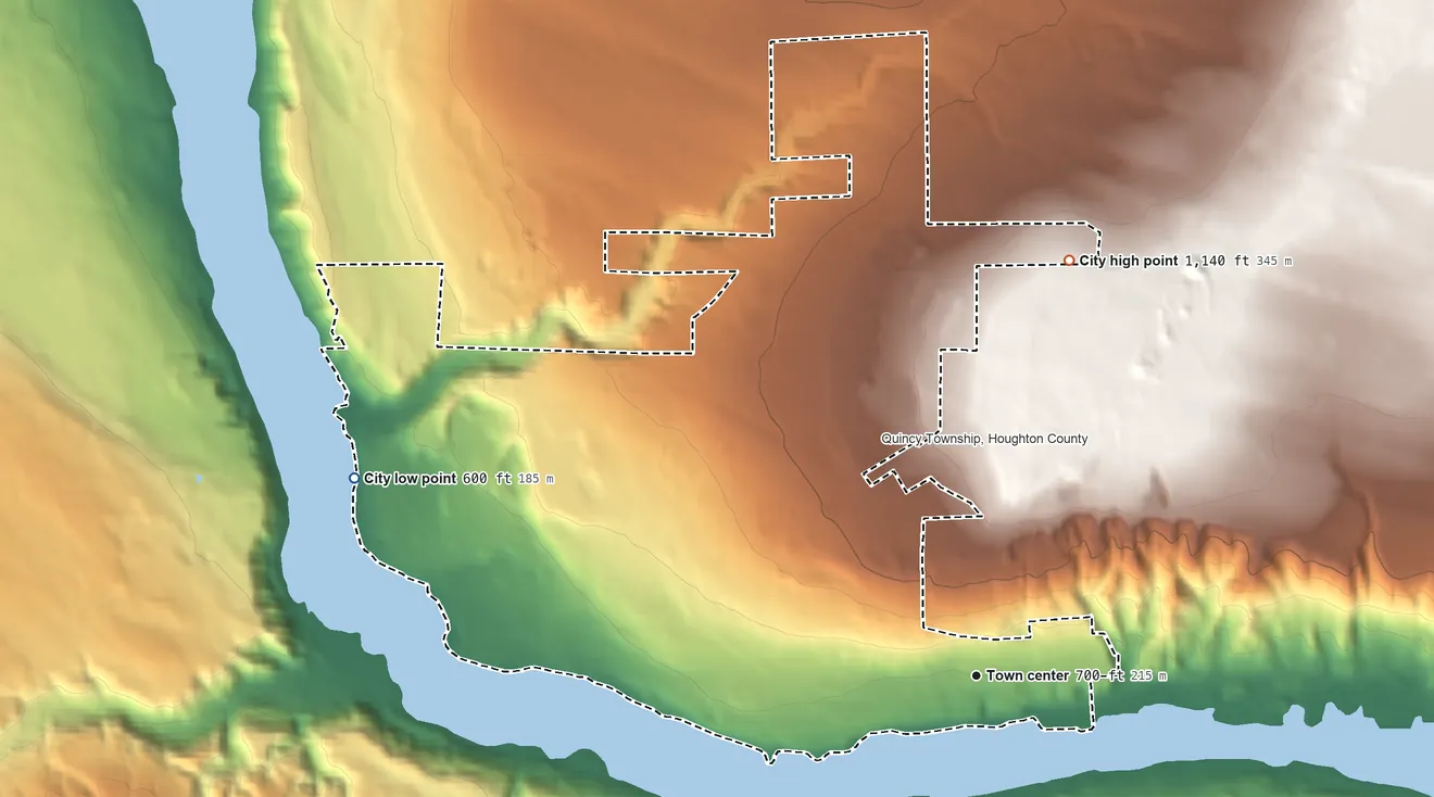 Topographic elevation map of Hancock, Michigan, shaded from 600 ft on the west side to 1,140 ft on the north side