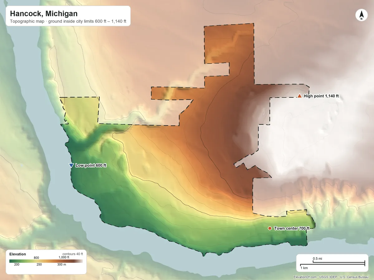 Topographic elevation map of Hancock, Michigan, shaded from 600 ft on the west side to 1,140 ft on the north side