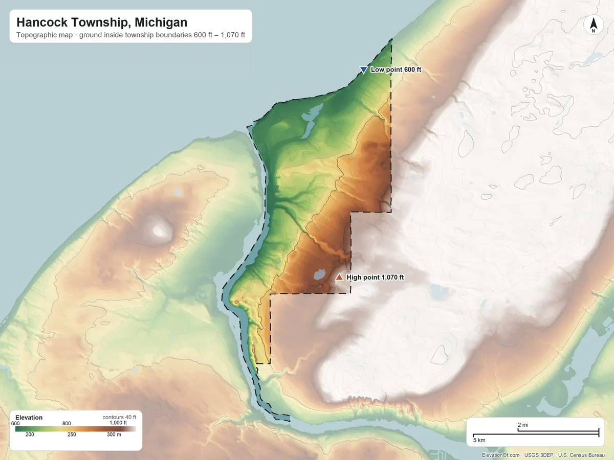 Topographic elevation map of Hancock Township, Michigan, shaded from 600 ft on the northeast side to 1,070 ft on the southeast side